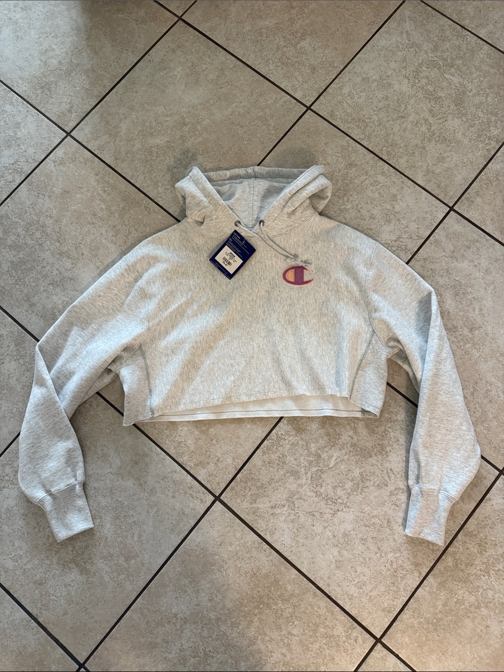 Champion Light Gray Cropped Hoodie with Pink Logo